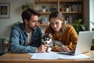 Jeune couple avec un chiot akita inu dans un intérieur chaleureux