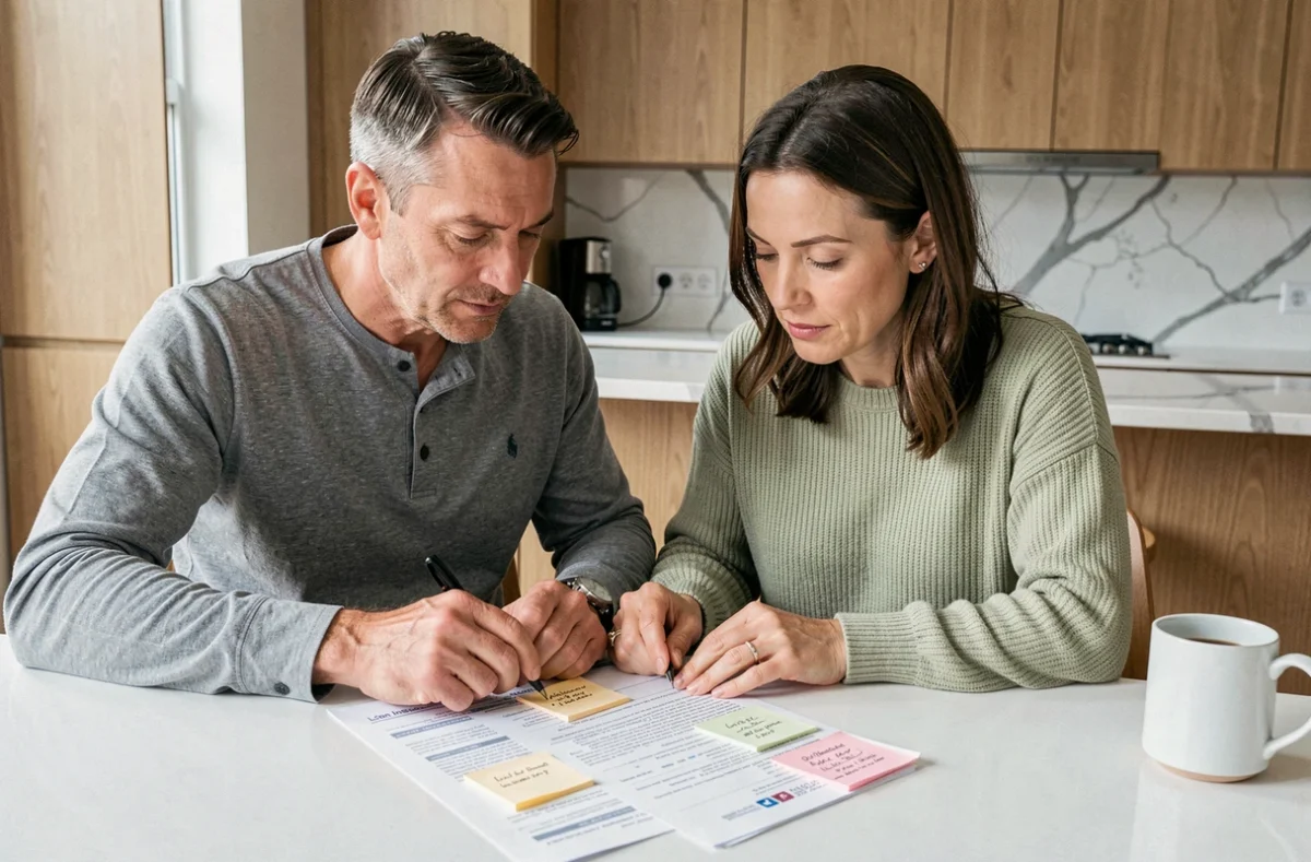 Couple examinant ensemble un contrat d'assurance de prêt immobilier à la cuisine
