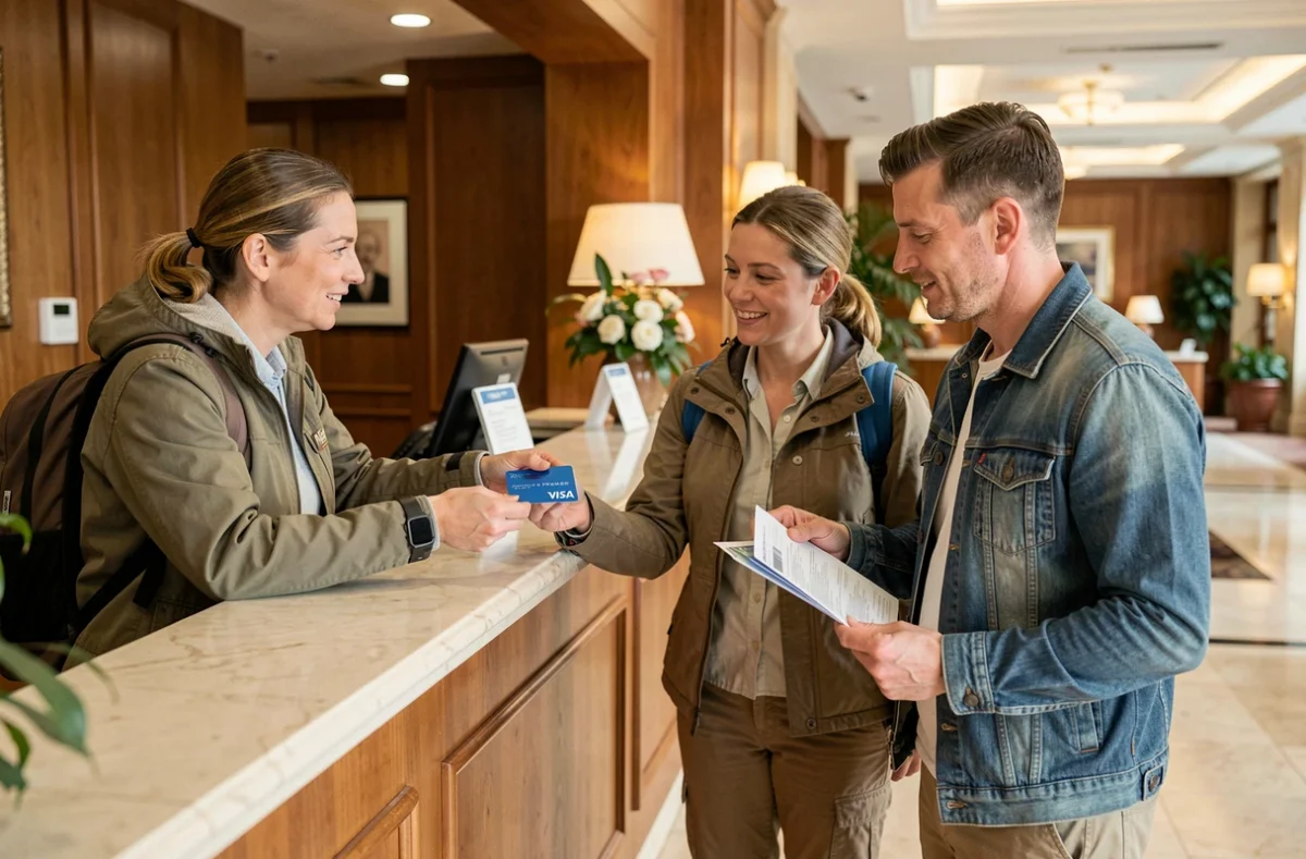 Couple utilisant une carte Visa Premier lors du check-in dans un hôtel à l'étranger, illustrant la couverture assurance voyage de la carte bancaire