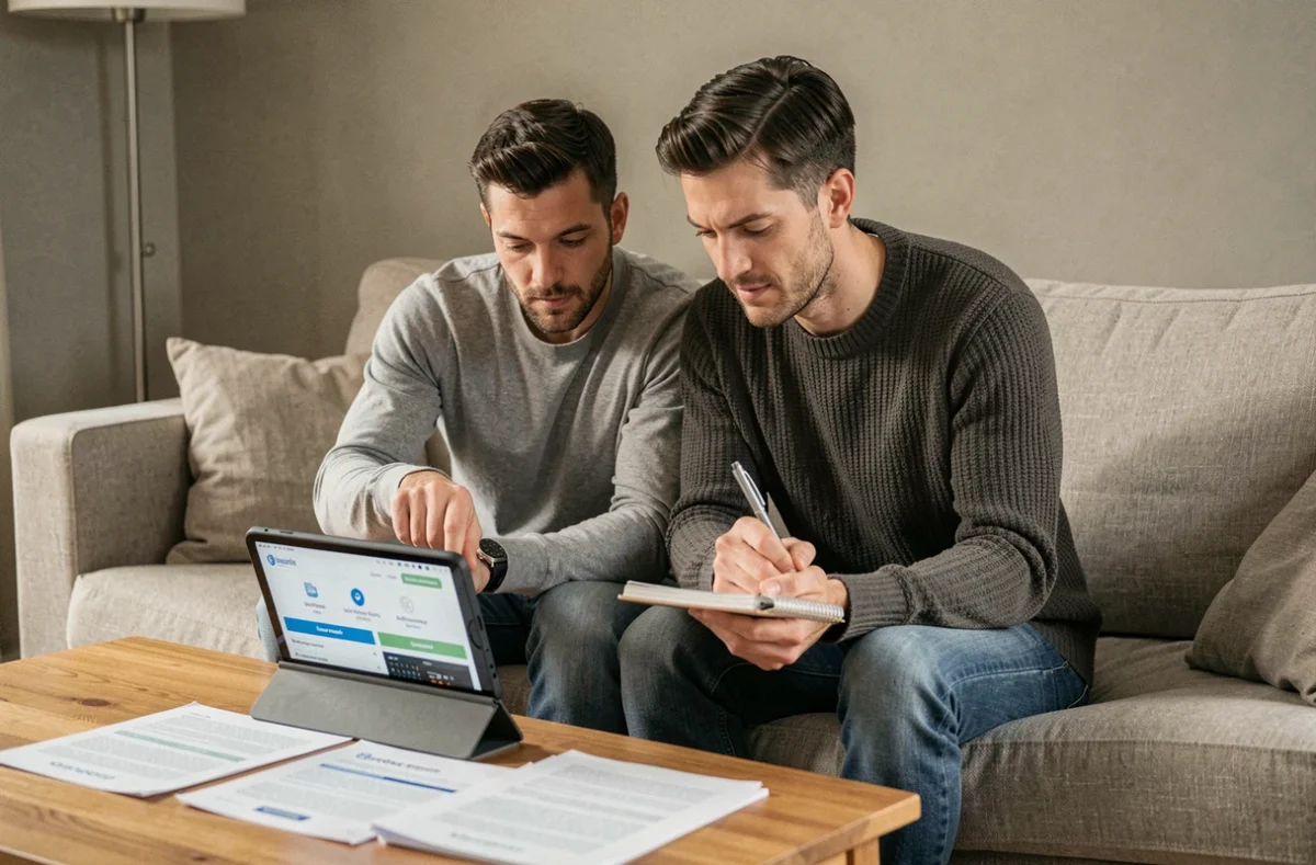 Couple comparant des offres d'assurance emprunteur pour un crédit à la consommation sur une tablette à domicile