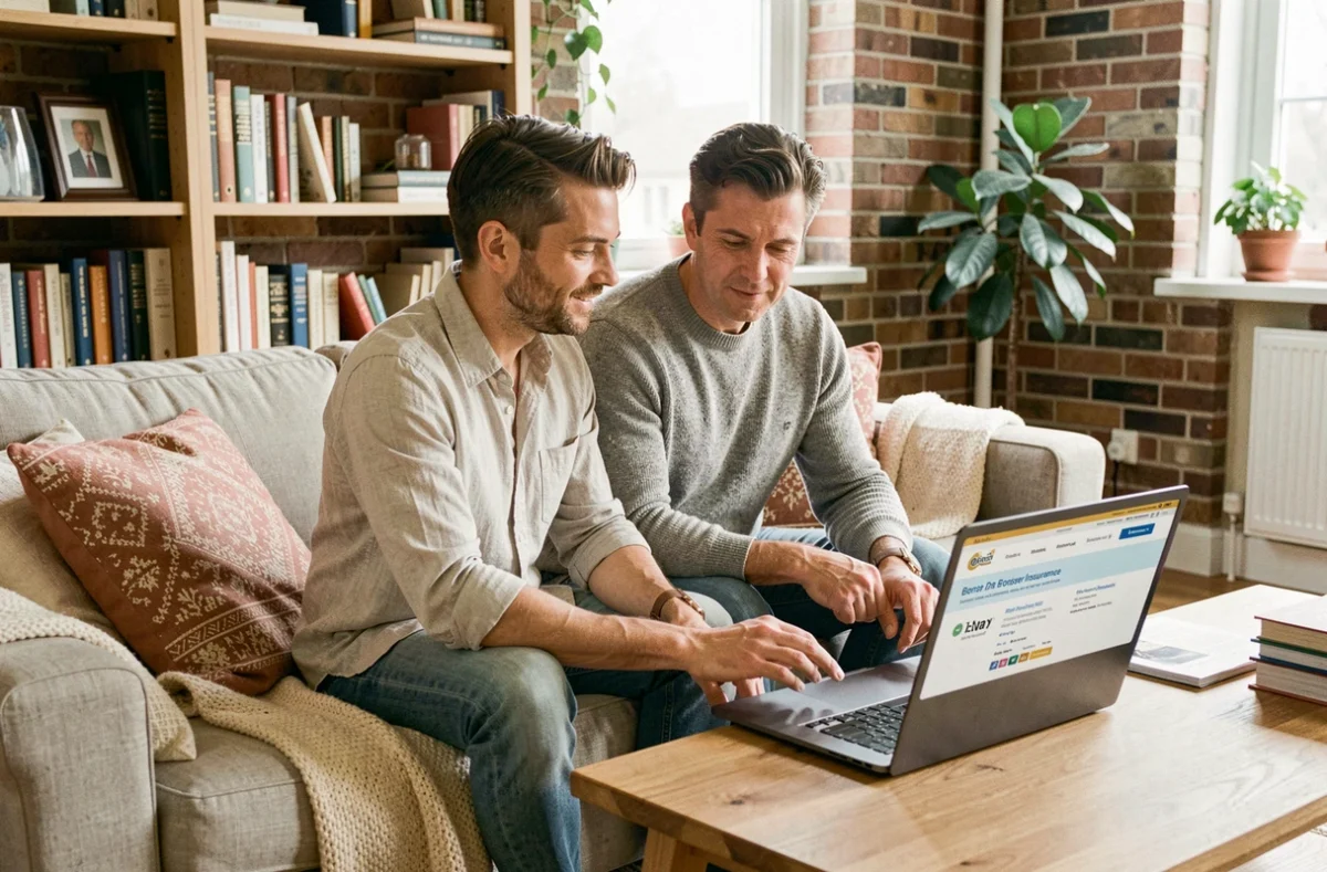 Couple comparant les offres d'assurance emprunteur sur un ordinateur portable à la maison