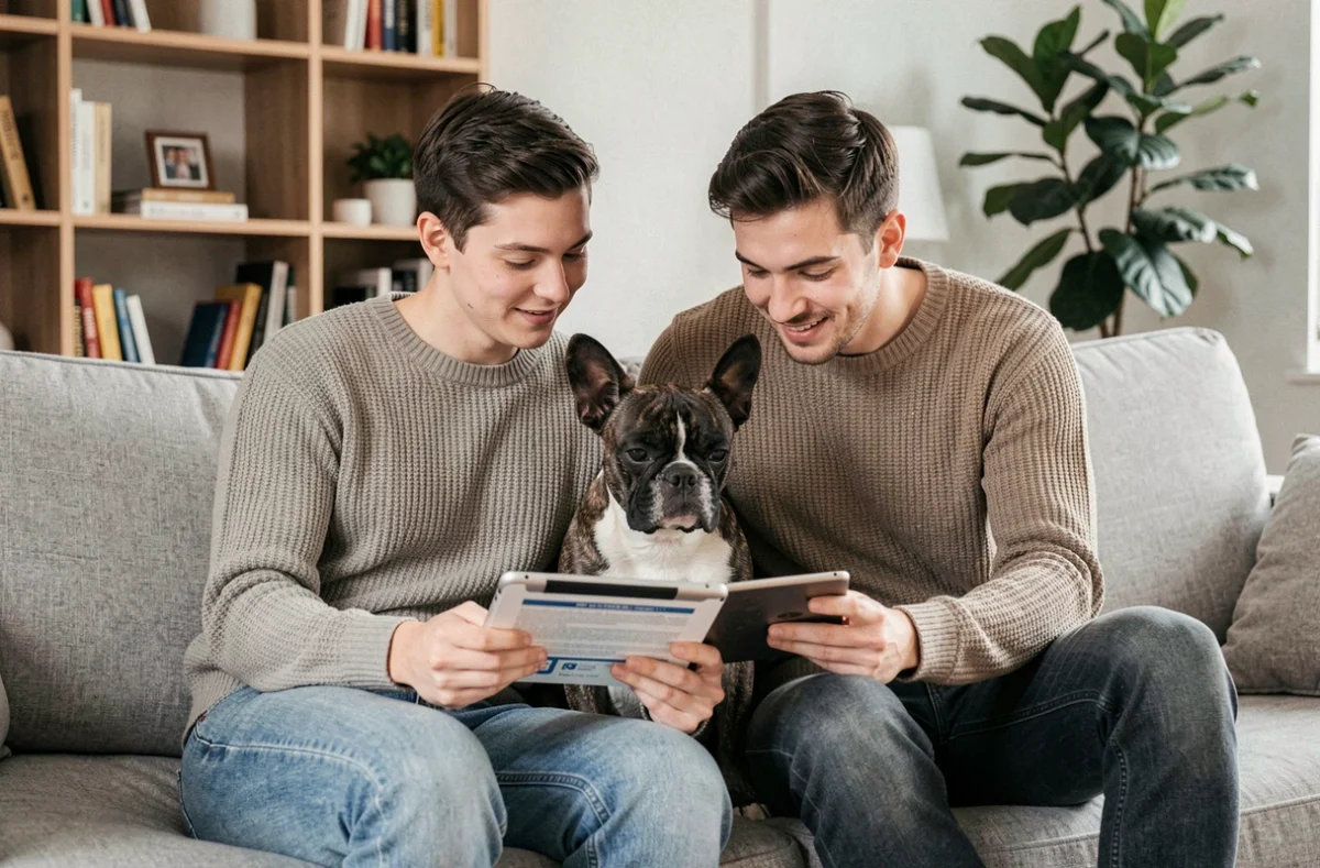 Couple de jeunes adultes comparant des offres d'assurance vétérinaire pour leur bouledogue français