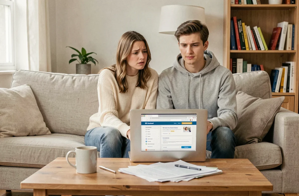 Jeune couple comparant des offres de mutuelle santé sur un ordinateur portable dans leur salon