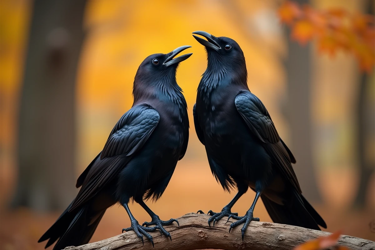 Deux corbeaux noirs sur une branche d'arbre en forêt automnale, évoquant les légendes et mythes autour de ces oiseaux