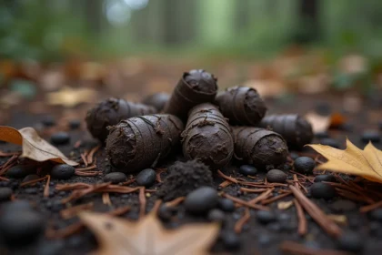 Crottes de sanglier cylindriques et segmentées sur un sol forestier couvert de feuilles mortes et de boue