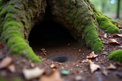 Entrée de terrier de blaireau avec latrines creusées dans le sol forestier, montrant des crottes caractéristiques dans leur environnement naturel