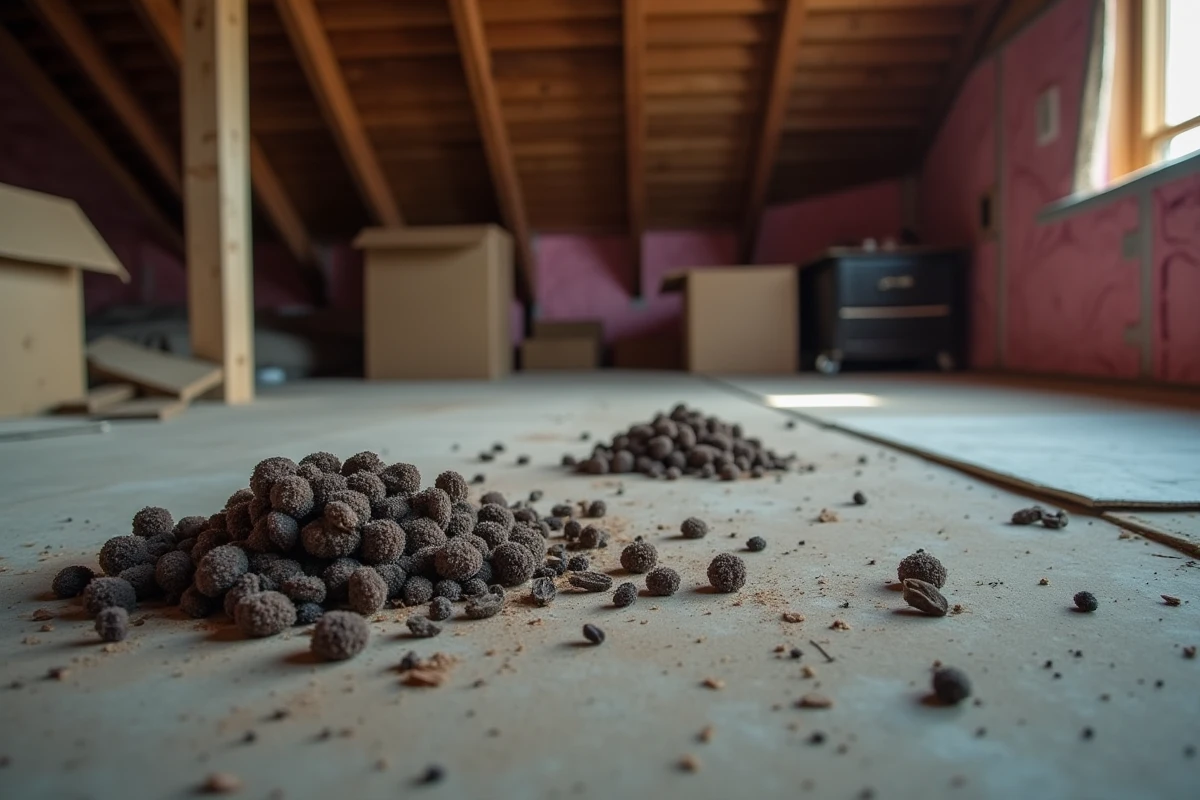 Crottes de fouine dans un grenier avec poutres en bois et isolation, identifiant la présence d'un animal nuisible nocturne dans une maison