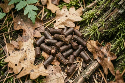 Crottes de sanglier sur le sol forestier, pellets brun foncé cylindriques visibles parmi les feuilles mortes et la mousse en forêt