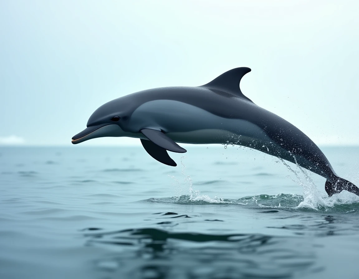 Dauphin sauvage bondissant hors de l'eau dans l'océan, gouttelettes en suspension autour de son corps gris argenté