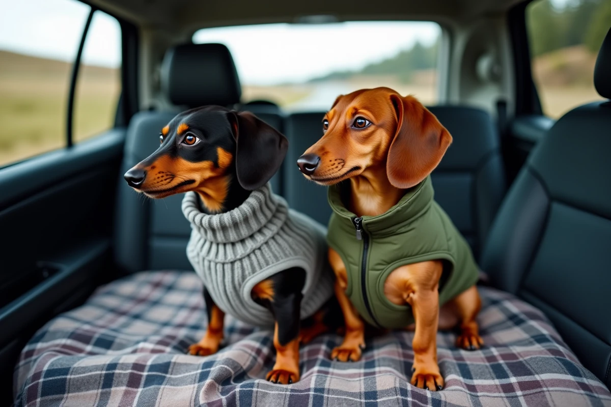 Deux teckels portant des manteaux de protection installés sur une couverture de voyage à l'arrière d'une voiture