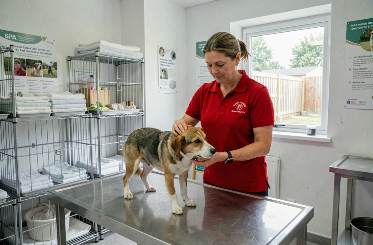 Une bénévole du Dispensaire SPA du Petit-Quevilly soigne un chien croisé dans la salle d'examen de l'association