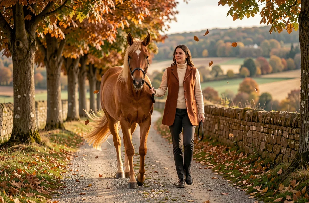 Cavalière promenant à pied un cheval palomino sur un chemin arboré du Domaine de la Javelotière à Chaillac