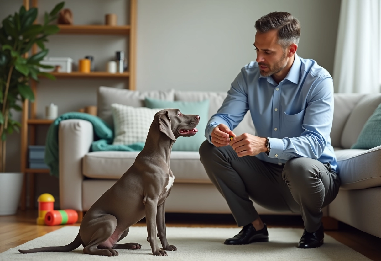 Entraîneur canin guidant un Weimaraner dans un salon moderne
