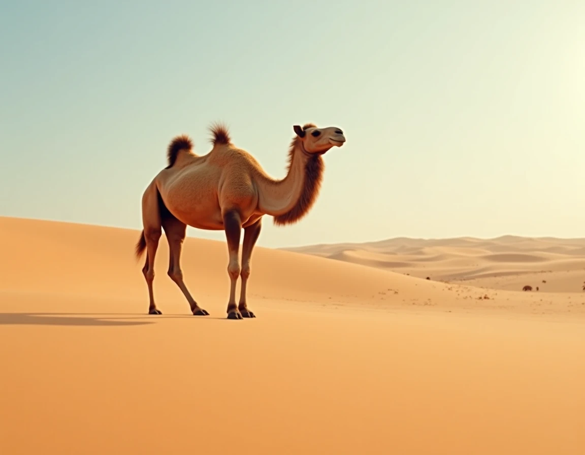 Dromadaire adulte debout dans un désert de sable avec grandes dunes en arrière-plan, fourrure beige détaillée sous un ciel clair