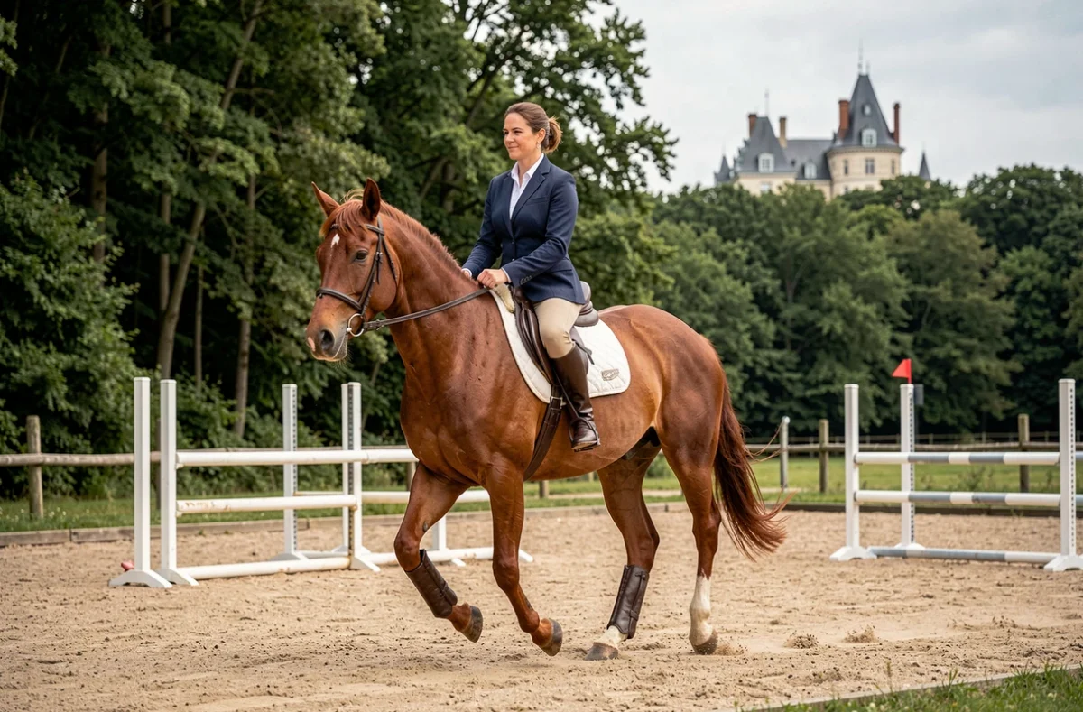 Instructrice équestre guidant un cheval alezan dans le manège extérieur de l'Ecurie de la Colinière à Cheverny