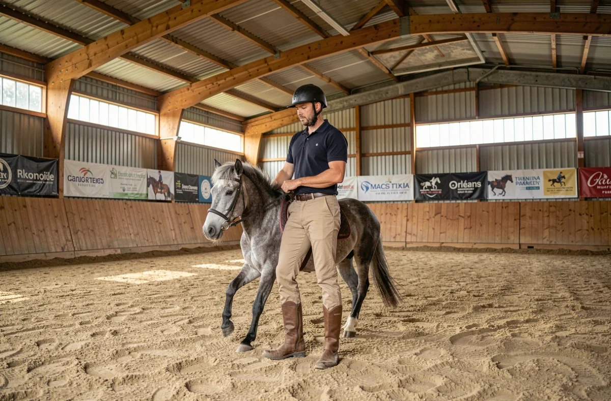 Instructeur équestre Franck Thermeau guidant un jeune cavalier sur un poney dans le manège couvert à Orléans