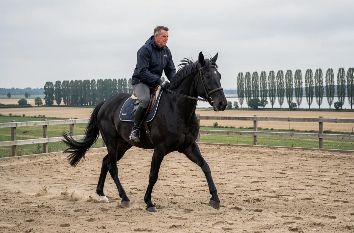 Cavalier expérimenté montant un grand cheval noir dans le manège extérieur de l'Ecurie Pierre de France à Sandillon