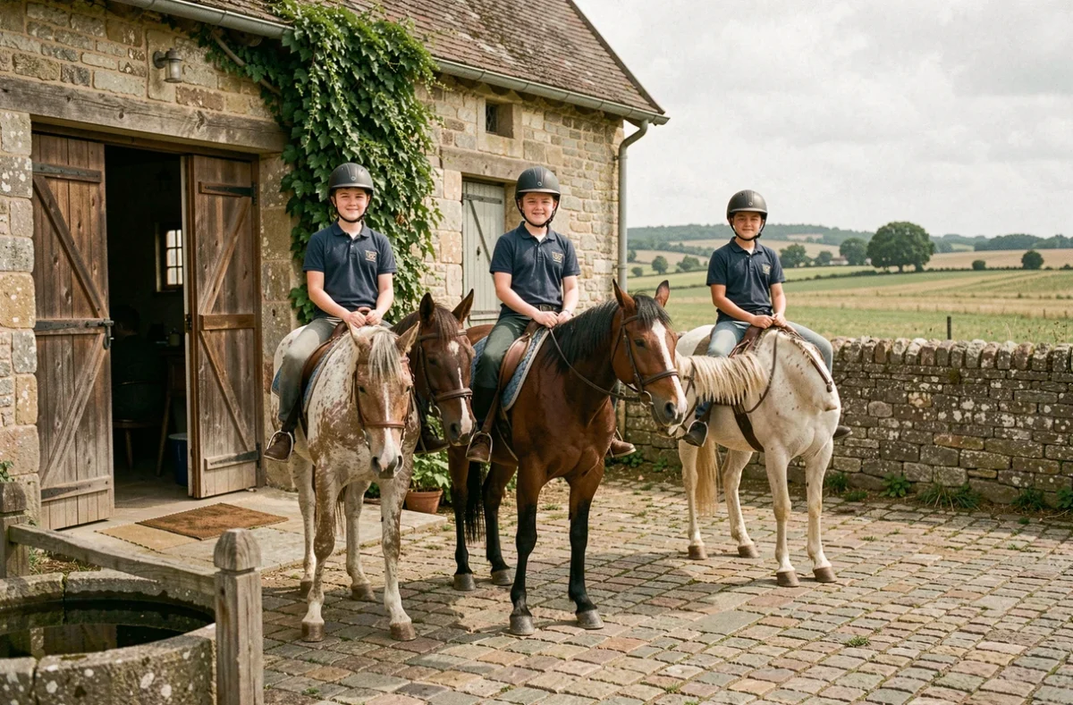 Groupe de jeunes cavaliers en tenue de club assis sur leurs chevaux dans la cour de Les Ecuries Deuquet à Saint-Pierre-les-Étieux