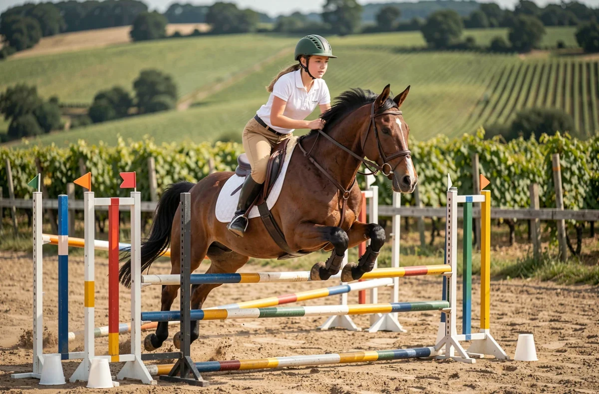 Jeune cavalière sautant un obstacle sur un cheval bai dans le manège des Ecuries du Plessis à Saint-Ouen-les-Vignes