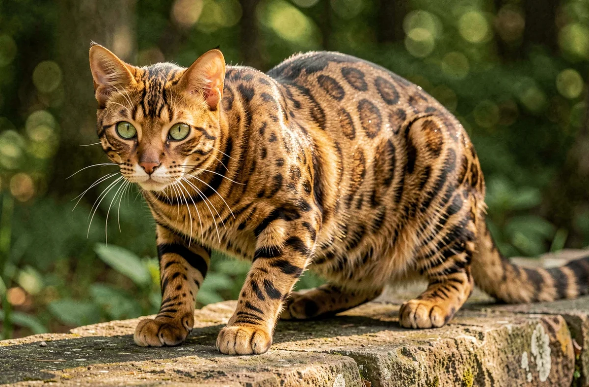 Chat Bengal au pelage rosette doré et noir en position d'affût sur une pierre, Élevage des Pierres d'Or en Auvergne-Rhône-Alpes