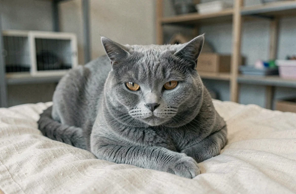 British Shorthair bleu aux yeux cuivrés allongé sur une couverture en lin crème, Chatterie de la Miko en Auvergne-Rhône-Alpes