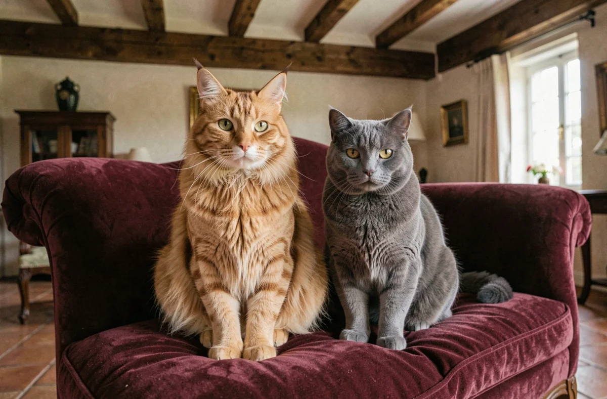 Un Maine Coon doré et un British Shorthair bleu côte à côte dans un intérieur allier, élevage Les Chats des Crus