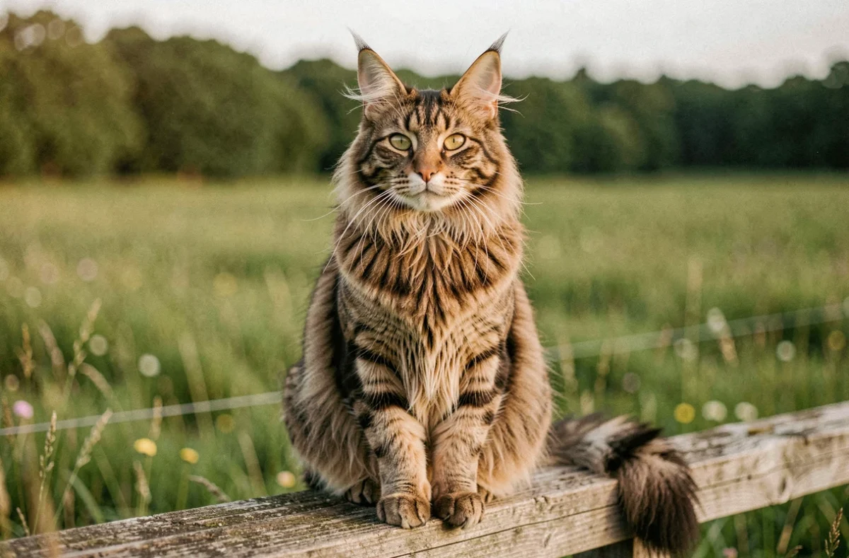 Maine Coon adulte au pelage brun tabby assis sur une clôture en bois dans l'Ain, élevage Le Pré des Coon's