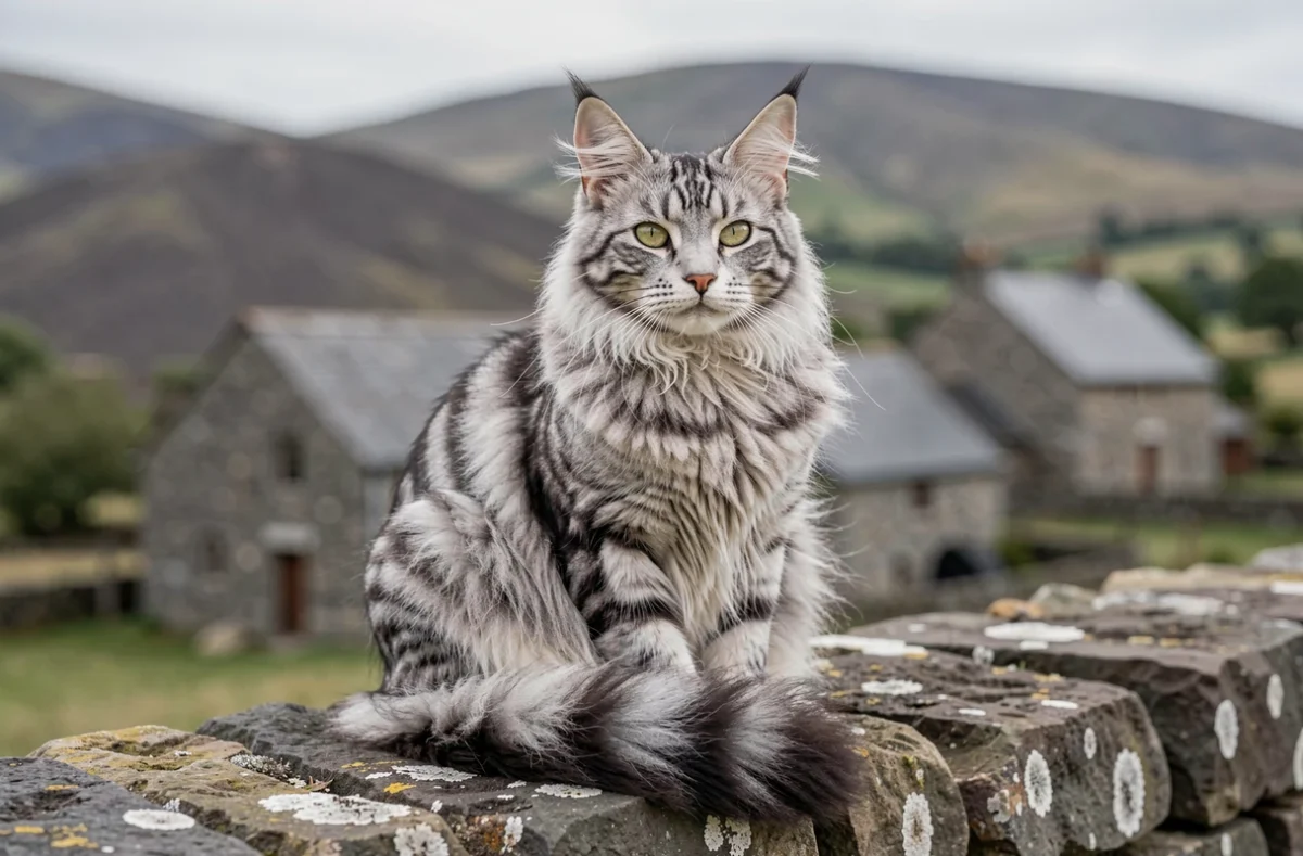 Maine Coon argenté et noir posé sur un mur de pierre dans le Cantal, élevage Les Kitty Blinders