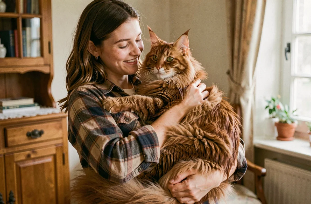 Jeune femme tenant amoureusement un grand Maine Coon roux dans l'Allier, élevage Renard qui élève avec amour