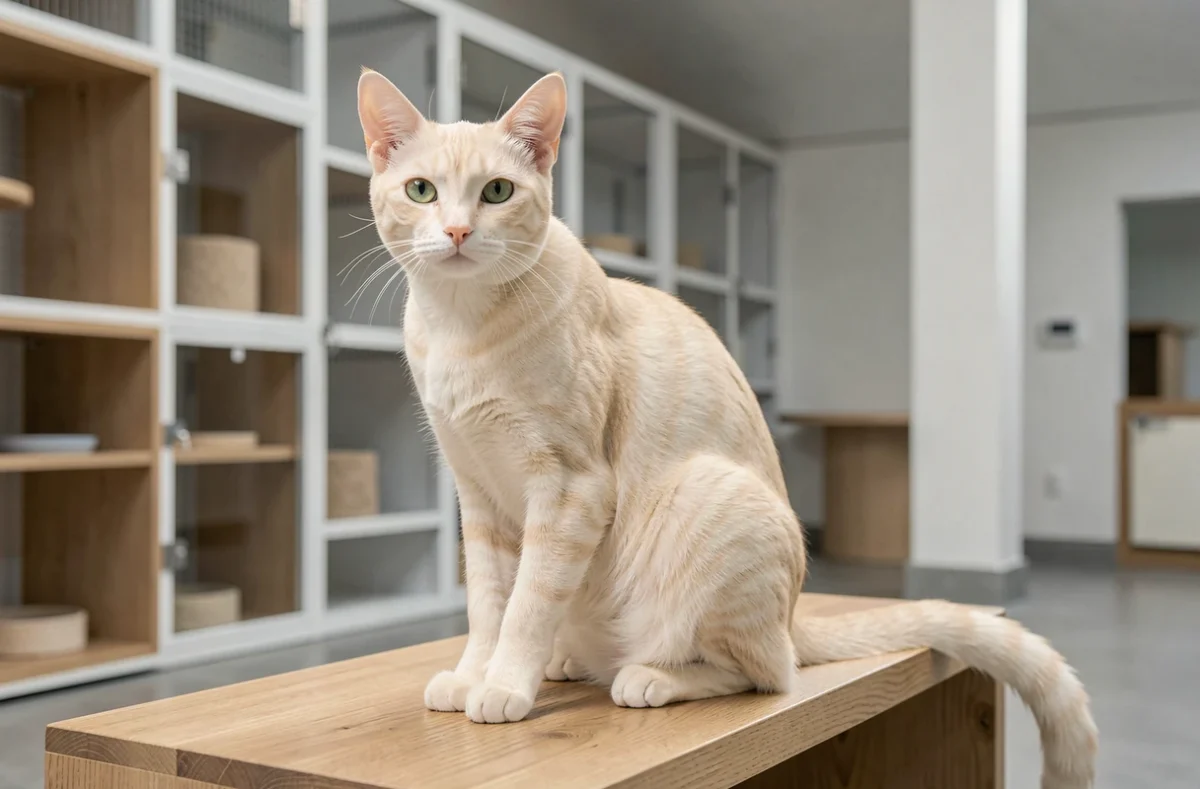 Chat Oriental Shorthair élancé aux grands yeux verts posé sur un meuble design, élevage Balidream en Auvergne-Rhône-Alpes