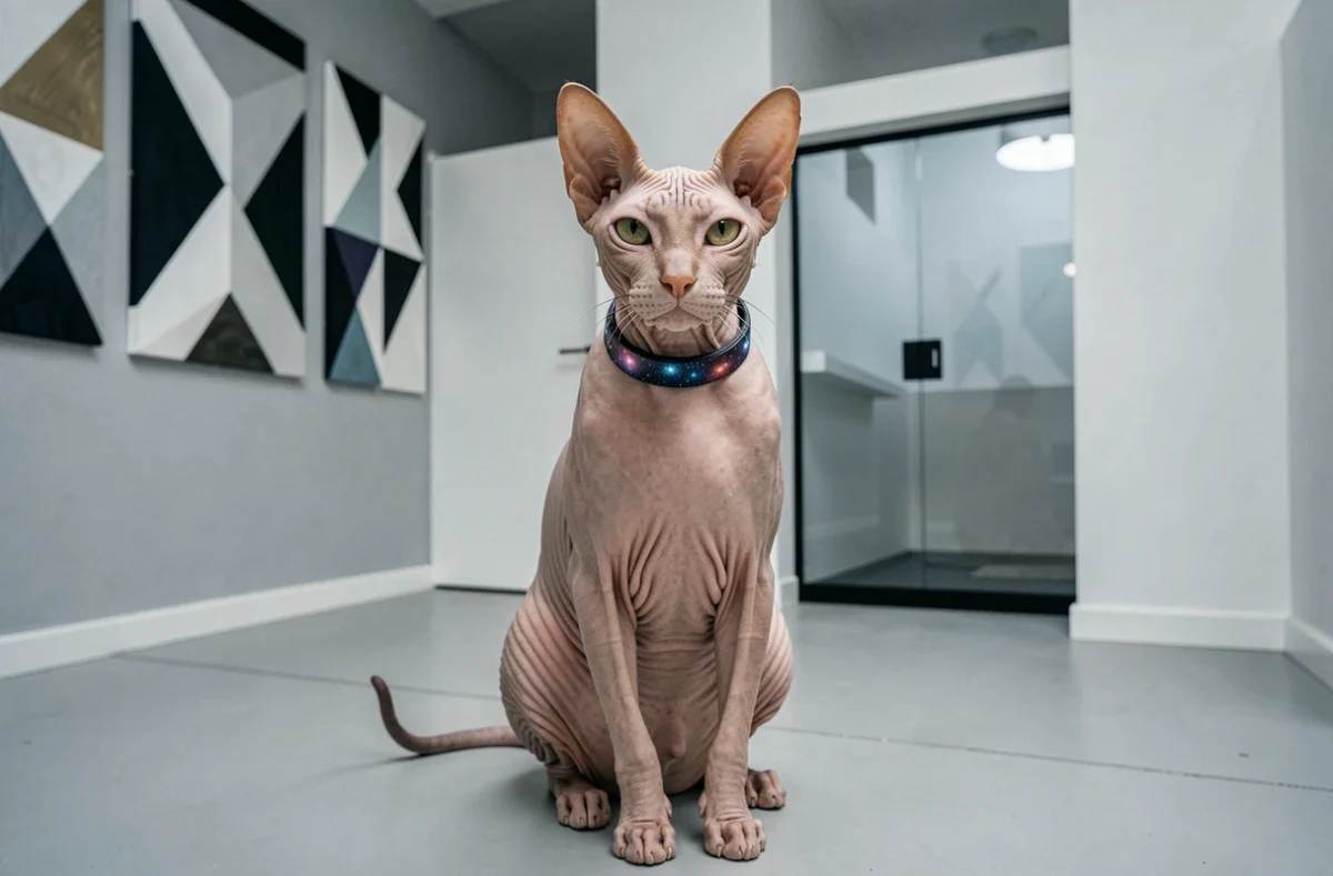 Chat Sphynx élégant dans un espace cattery moderne et artistique en Auvergne-Rhône-Alpes, élevage Cosmic Monkeys