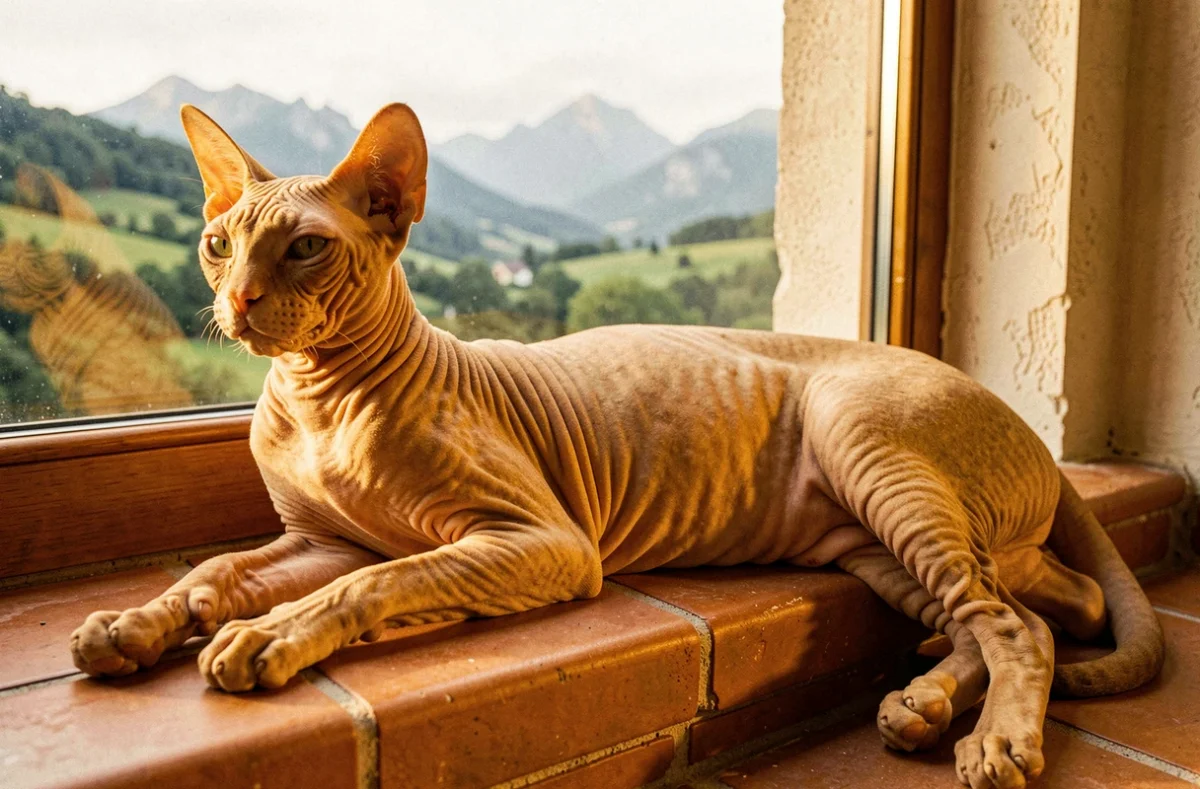 Chat Sphynx doré allongé sur un rebord de fenêtre avec un paysage auvergnat en arrière-plan, Élevage du Soleil Rouge