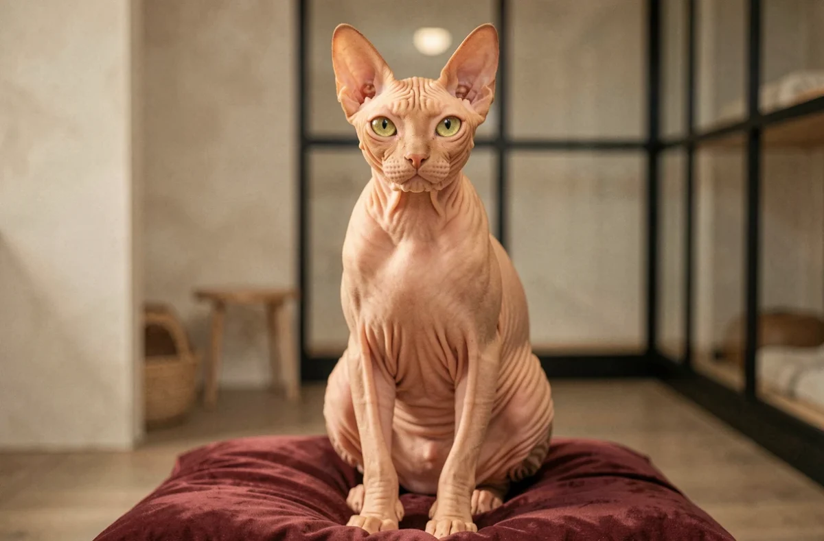 Chat Sphynx adulte à la peau pêche et aux grands yeux expressifs sur un coussin de velours, élevage La Passionnata Royale dans l'Allier