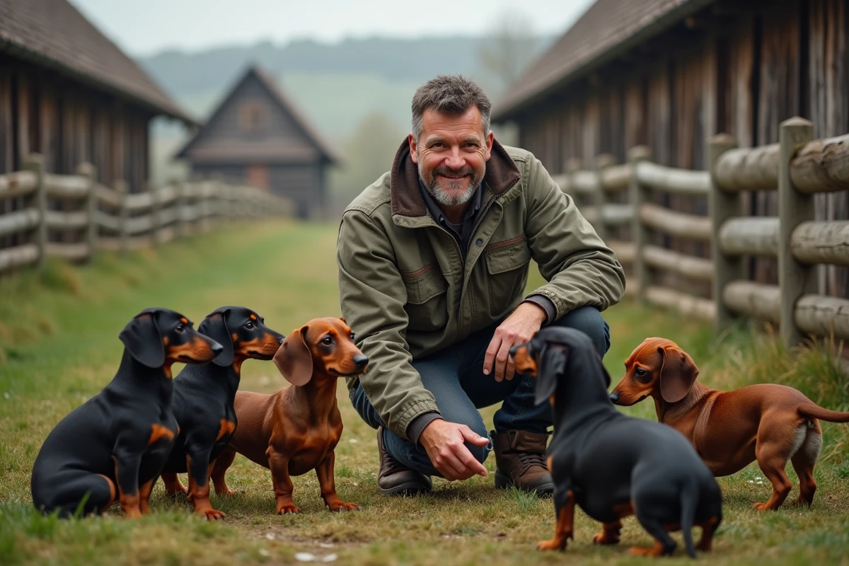 Eleveur de chiens dachshund dans un environnement rural