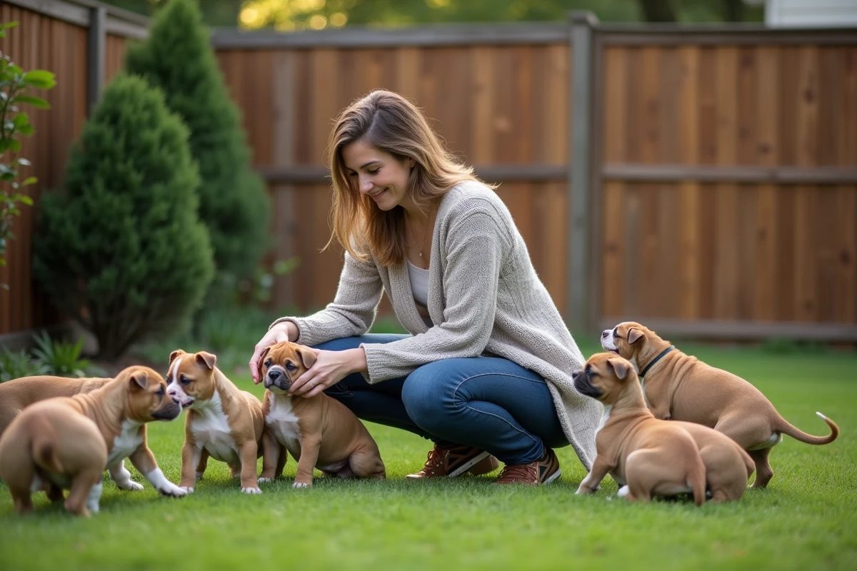 Famille d'éleveur de chiens American Bully XXL dans un jardin