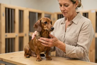 Éleveuse de teckel Kaninchen tenant soigneusement un chiot sur une table d'examen dans un élevage professionnel agréé