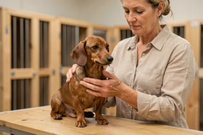 Éleveuse de teckel Kaninchen tenant soigneusement un chiot sur une table d'examen dans un élevage professionnel agréé