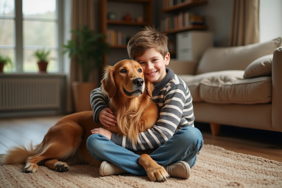 Jeune garçon câline un chien dans un salon chaleureux