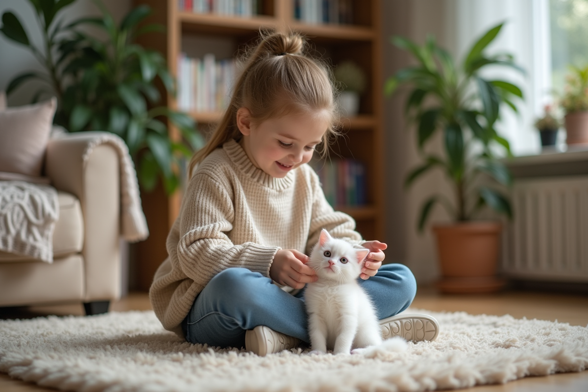 Jeune fille jouant avec un chaton bengal blanc dans le salon