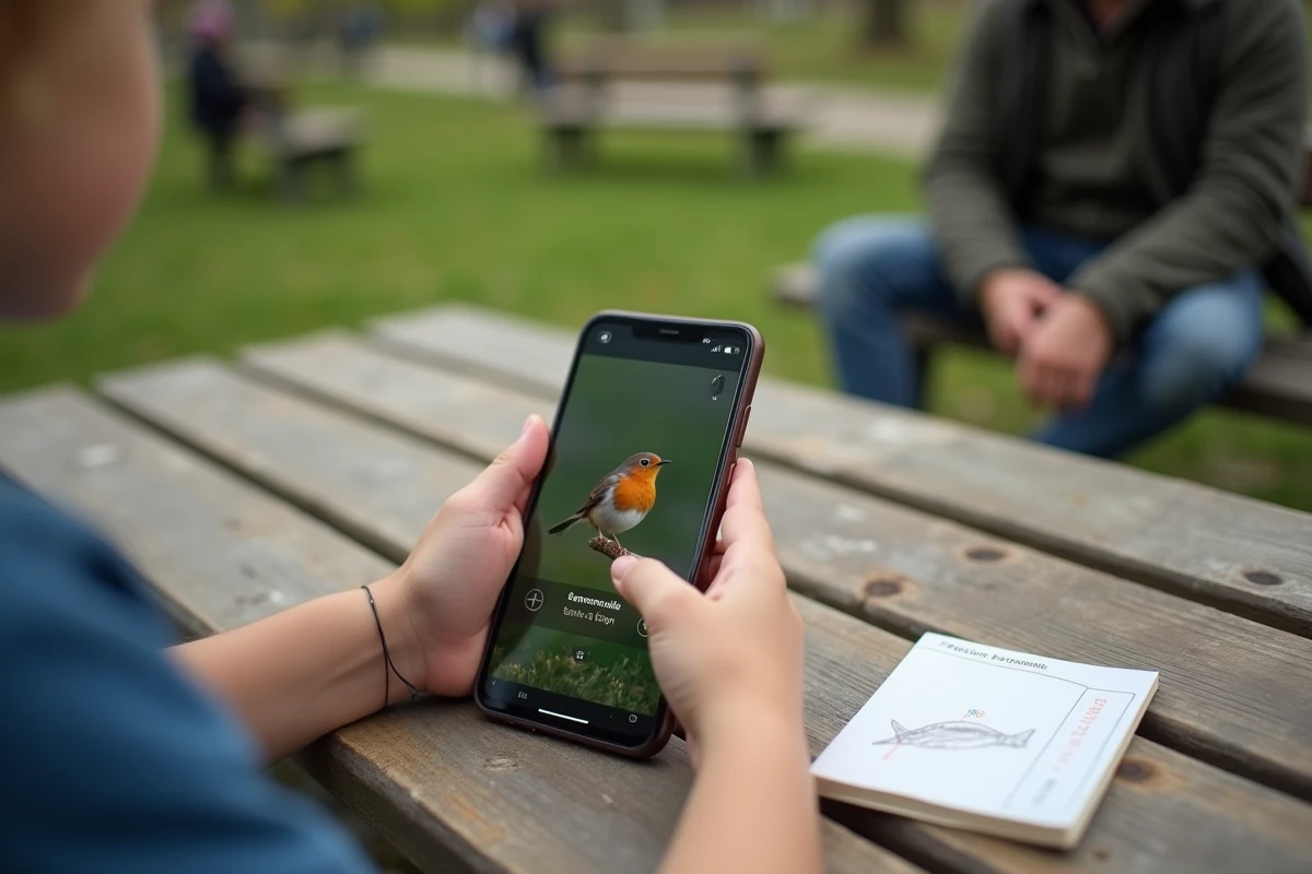 Mains d'enfant tenant un smartphone avec une application de reconnaissance d'oiseaux affichant un rouge-gorge, posé sur une table de pique-nique avec un carnet de notes
