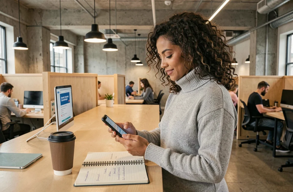 Jeune entrepreneuse souscrivant une assurance multirisque professionnelle en ligne depuis un espace de coworking avec son smartphone