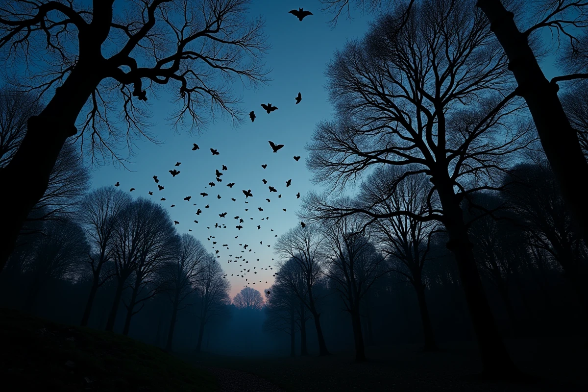 Envol de chauves-souris au crépuscule dans une forêt d'automne, évoquant la signification spirituelle et le passage transformateur