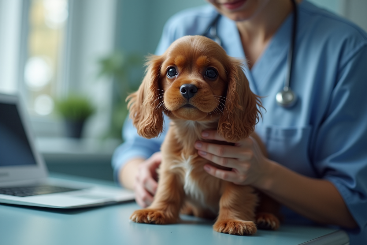 Vétérinaire examinant un cocker spaniel dans une clinique moderne