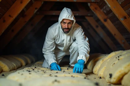 Expert en nuisibles inspectant des crottes de fouine dans l'isolation en laine de verre d'un grenier