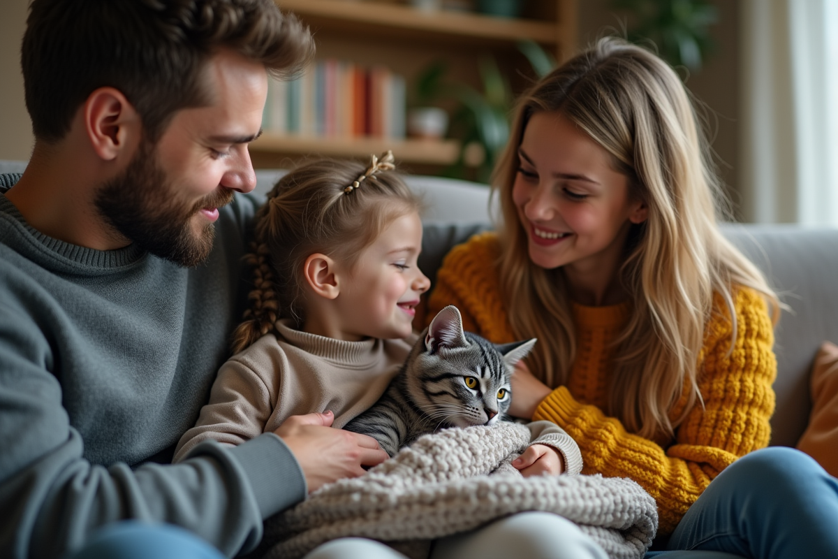 Famille réconfortant leur chat dans le salon cosy