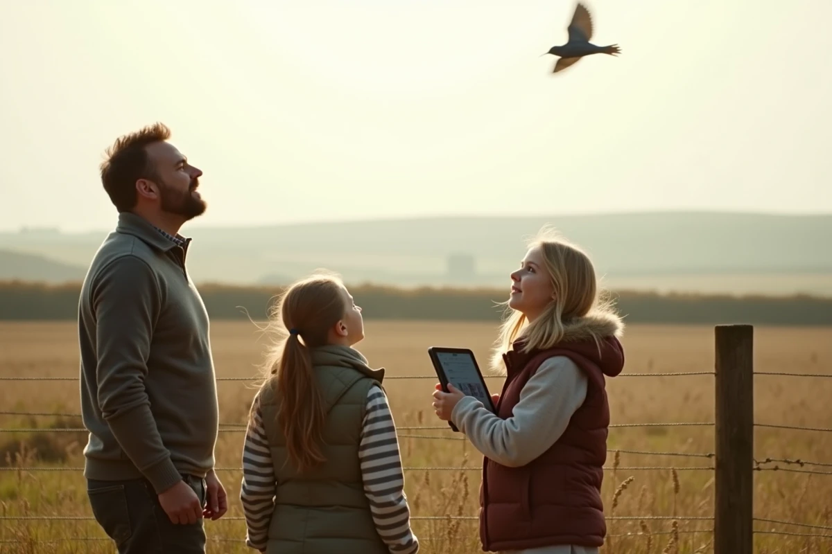 Père et deux filles scrutant le ciel en prairie pour identifier un oiseau en vol grâce à une tablette numérique
