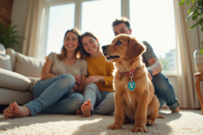 Famille heureuse dans un salon lumineux avec un chiot marron