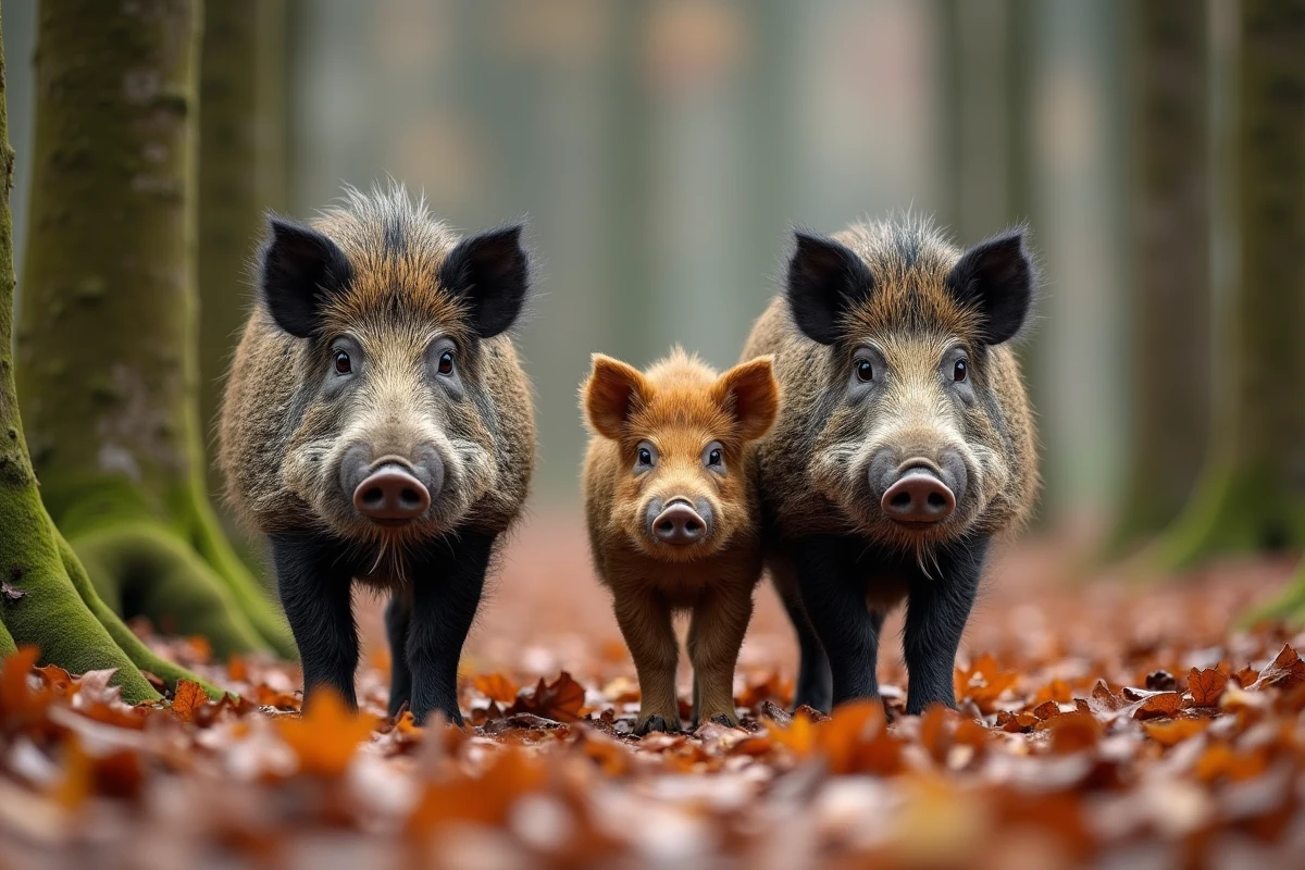 Famille de sangliers dans la forêt en automne
