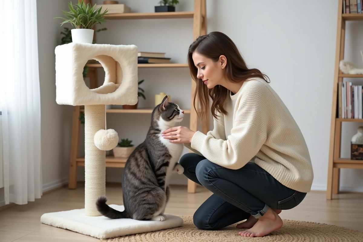 Femme aménageant un espace de jeu pour son chat avec un arbre à chat moderne dans un appartement scandinave