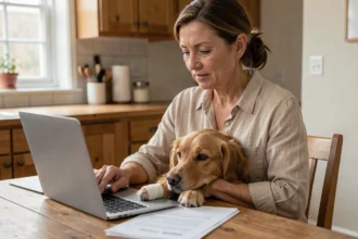 Femme consultant un contrat d'assurance santé animale pour son chien blessé à la patte
